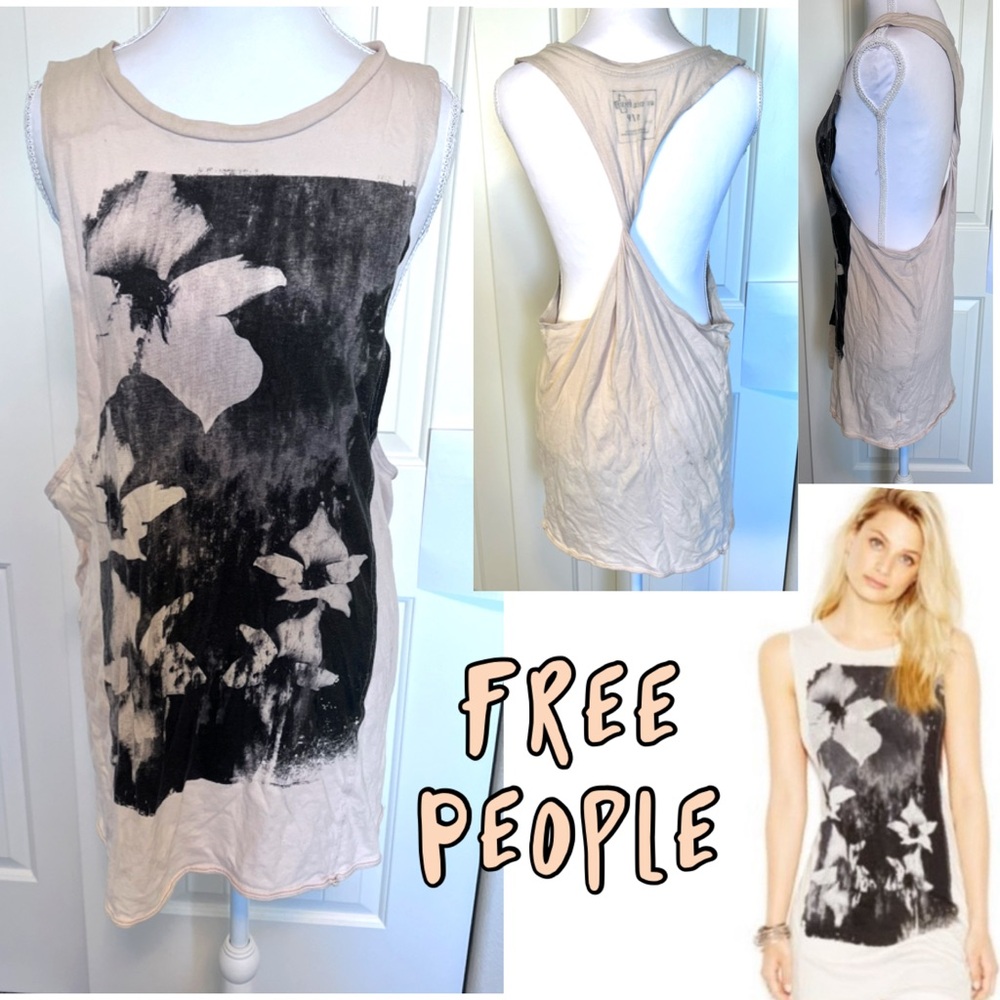 Free People We the Free Black Floral Graphic Tunic Twist Racerback Tank Sz Small